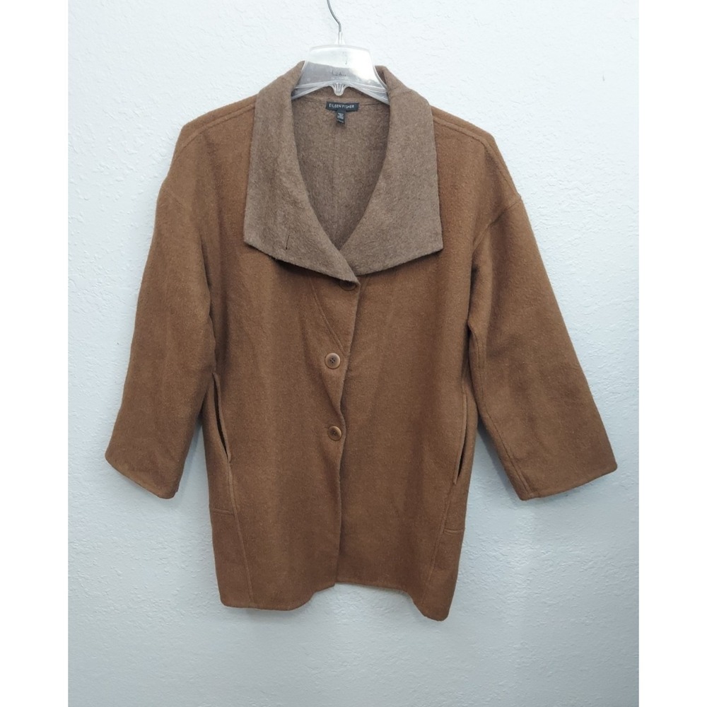 Eileen Fisher Coat XS Brown Cocoon Baby Alpaca Wool Silk Button Double Face